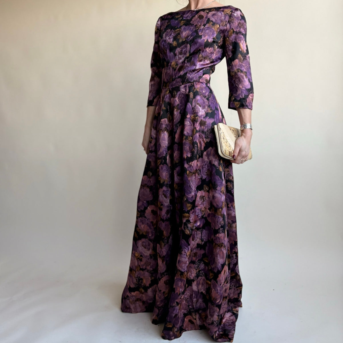 Dark Purple Floral Jacquard Maxi Gown - Boat Neck, Handmade, Fits Size 2