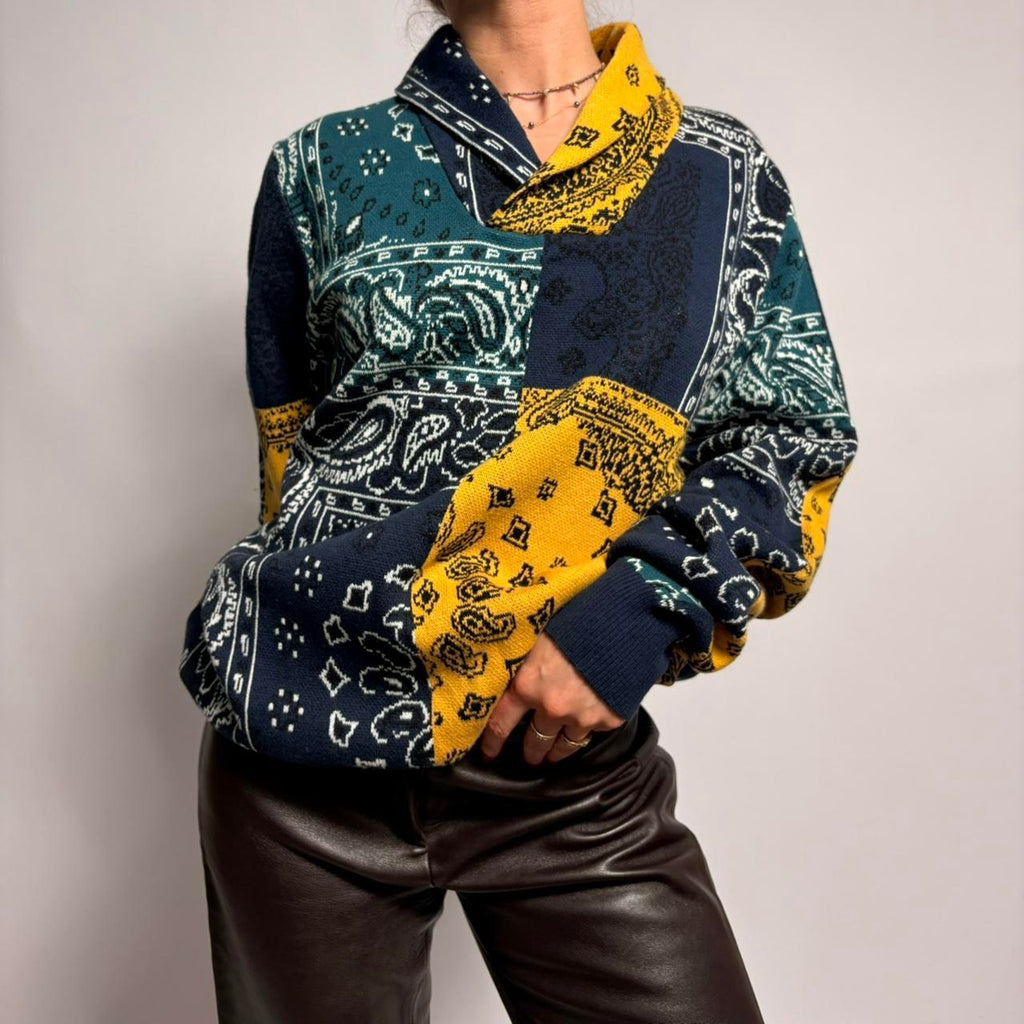 Sun + Stone Bandanna Print Shawl Collar Sweater - Yellow/Green/Blue, Size Medium