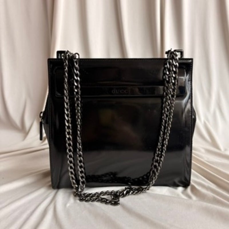 Vintage Gucci Tom Ford Era Black Patent Leather Chain Tote