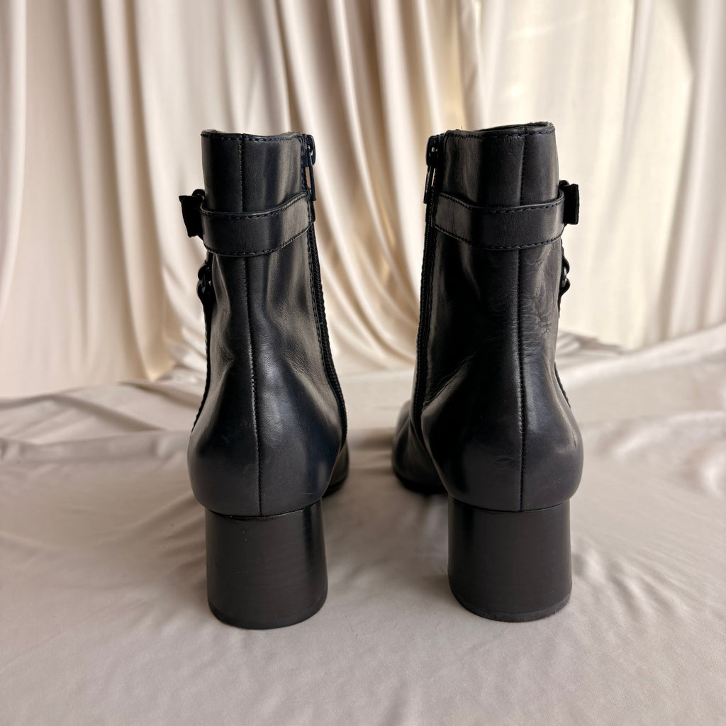 Vintage Navy Blue Leather Ankle Booties - Square Toe, Buckle Detail, 7.5