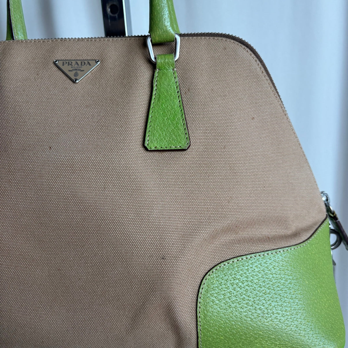 Vintage Prada Beige Canapa Dome & Lime Green Leather Trim Bowling Bag
