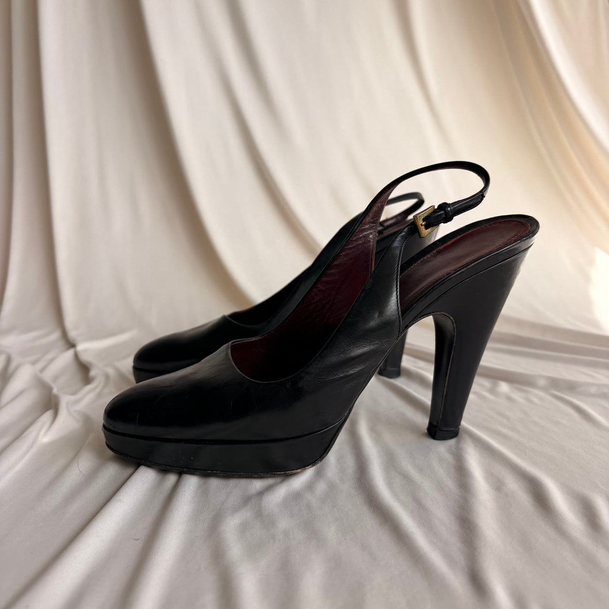 Vintage Prada Black Leather Slingback Platform Pumps - Gold Buckle, 37.5