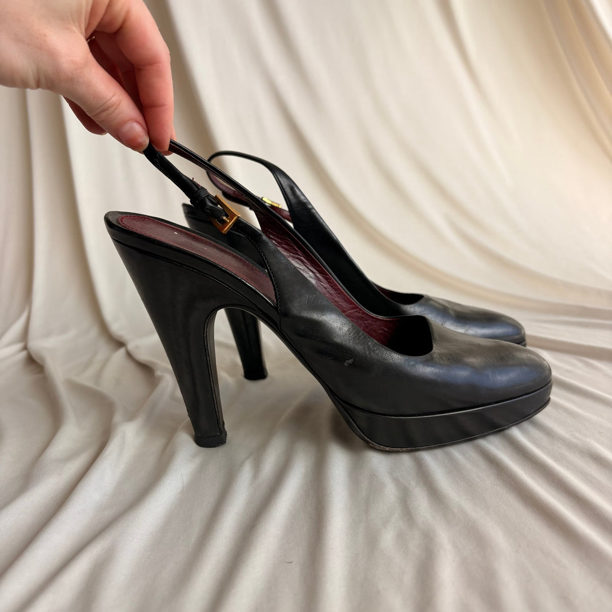Vintage Prada Black Leather Slingback Platform Pumps - Gold Buckle, 37.5