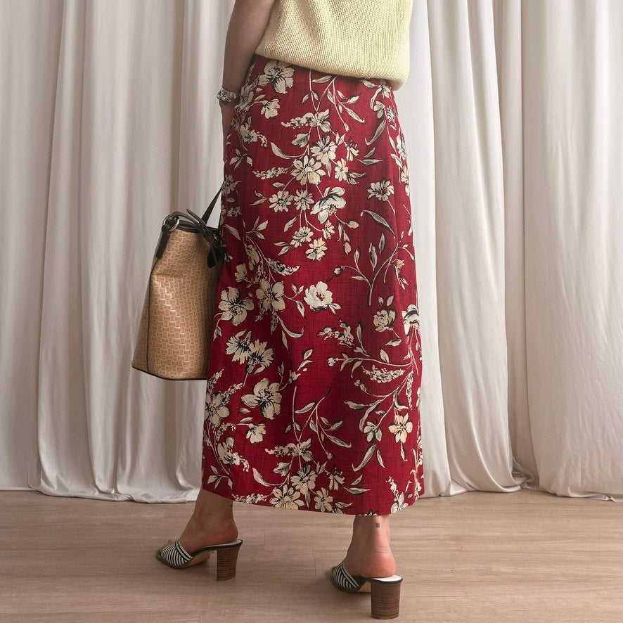 Talbots Floral Wrap Skirt - Red/Cream, Button Side - Size 12 (Fits L)