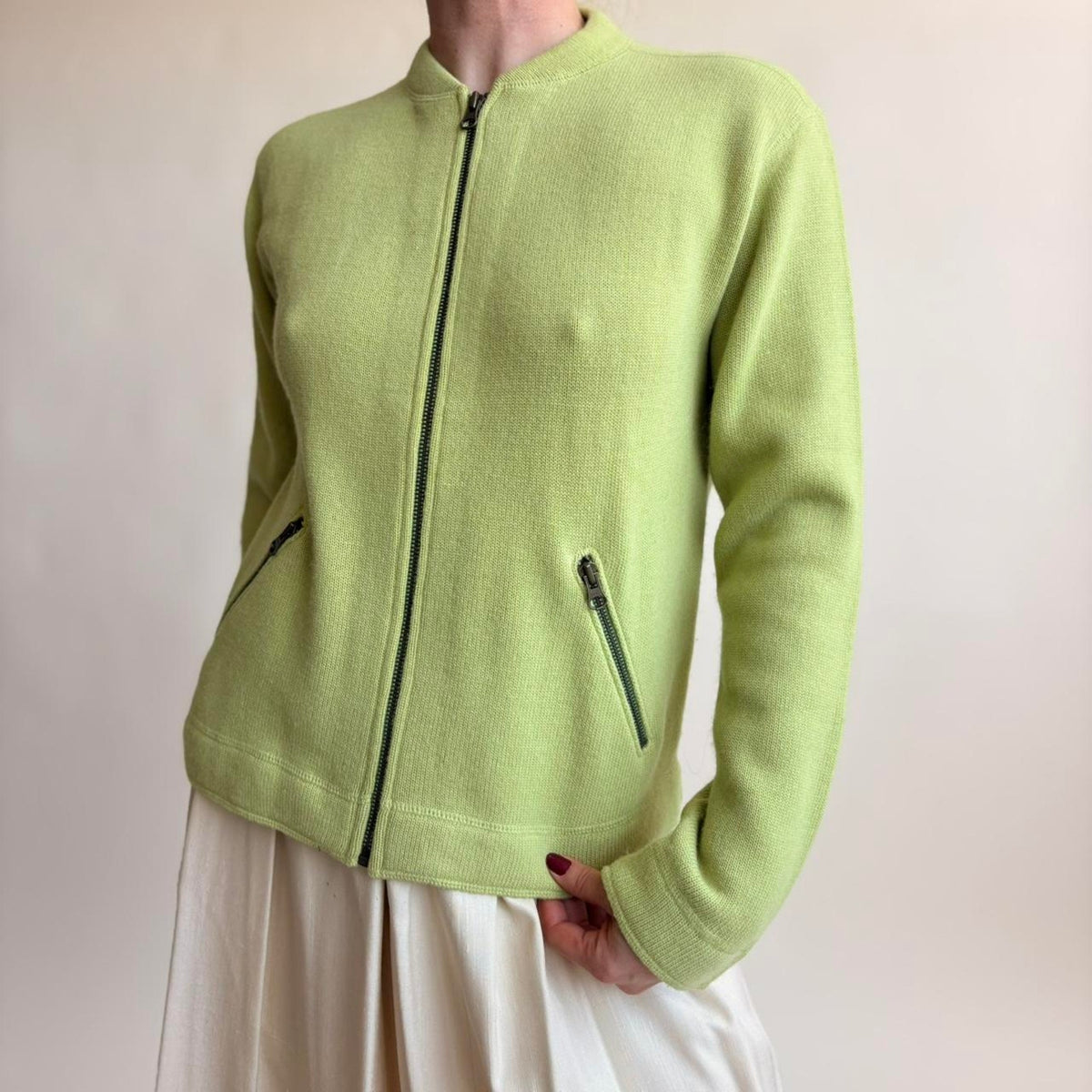 J.Crew Lime Green Lambswool & Cotton Zip Cardigan -Size Small