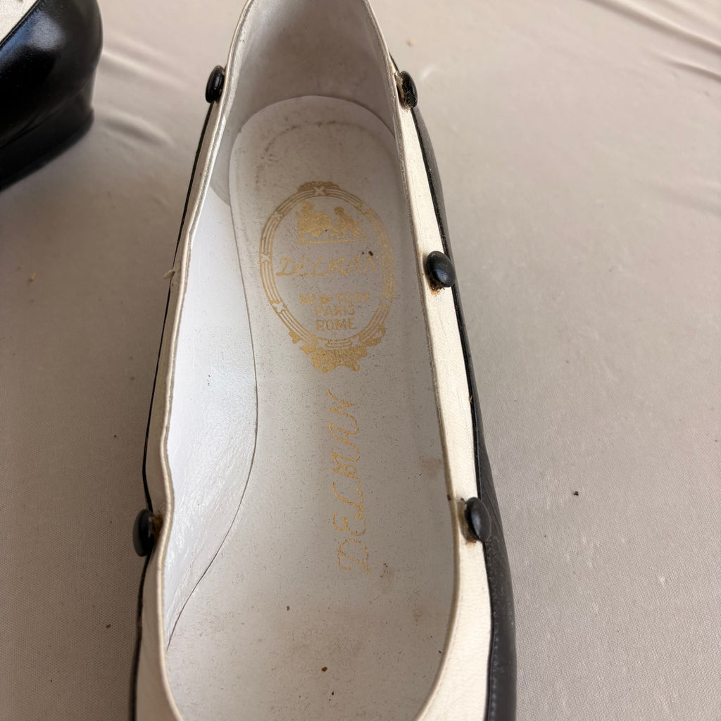 Vintage Delman Black & White Leather Low Block Heels - Button Detail, 1" Heel
