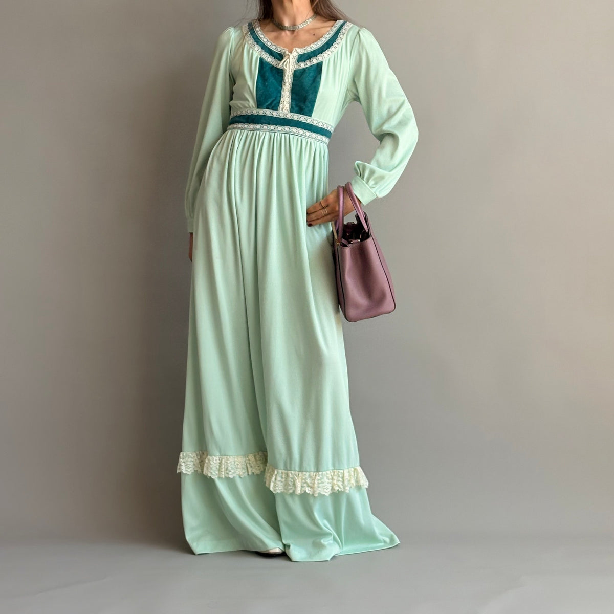 JCPenney Vintage 70s Mint Green Prairie Dress - Lace Trim