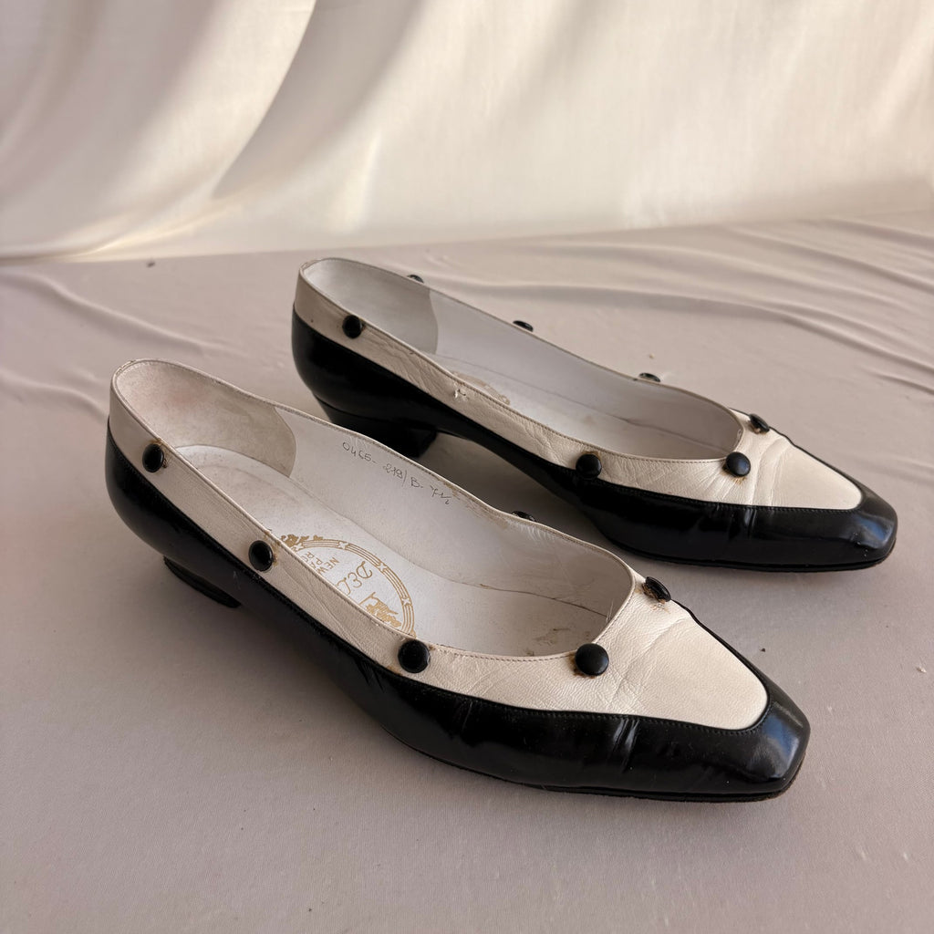 Vintage Delman Black & White Leather Low Block Heels - Button Detail, 1" Heel