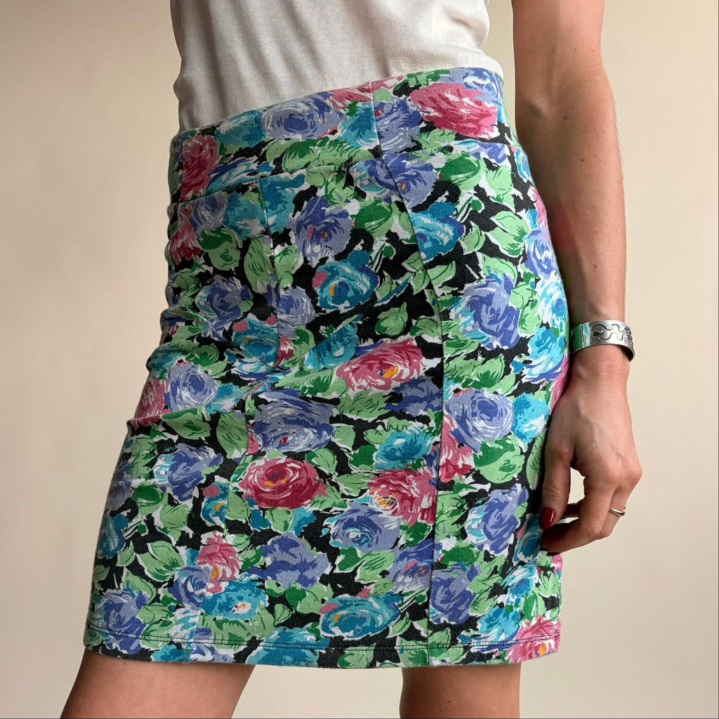 Cotton On Floral Bodycon Mini Skirt - Black, Blue, Pink, Green Rose Pattern, Size Small