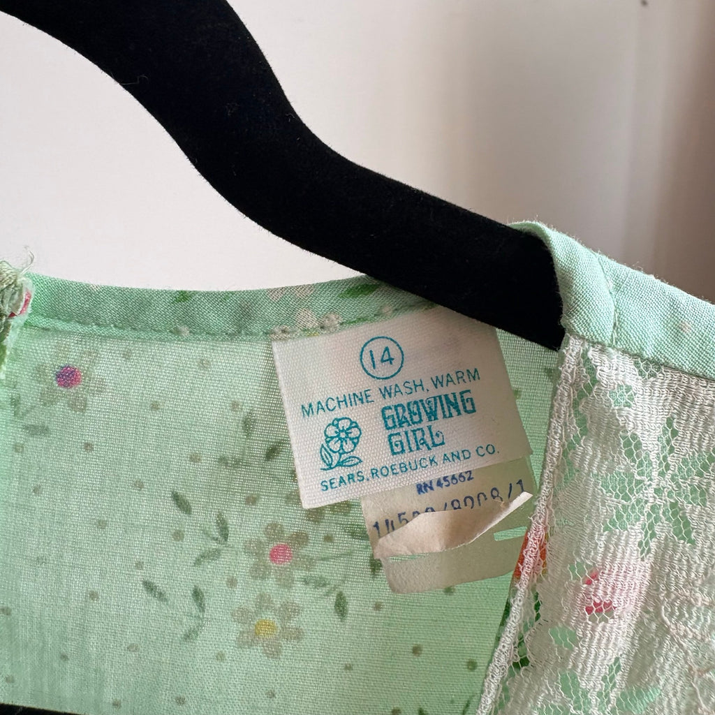 Vintage 70s Sears Growing Girl  Green Floral Prairie Dress - Small
