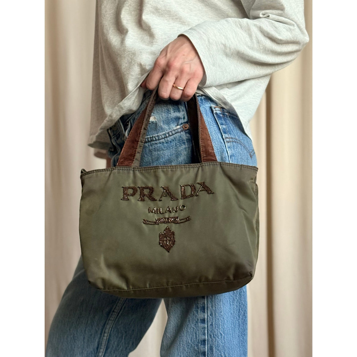 Vintage Prada Olive Green Nylon Beaded Logo Tote
