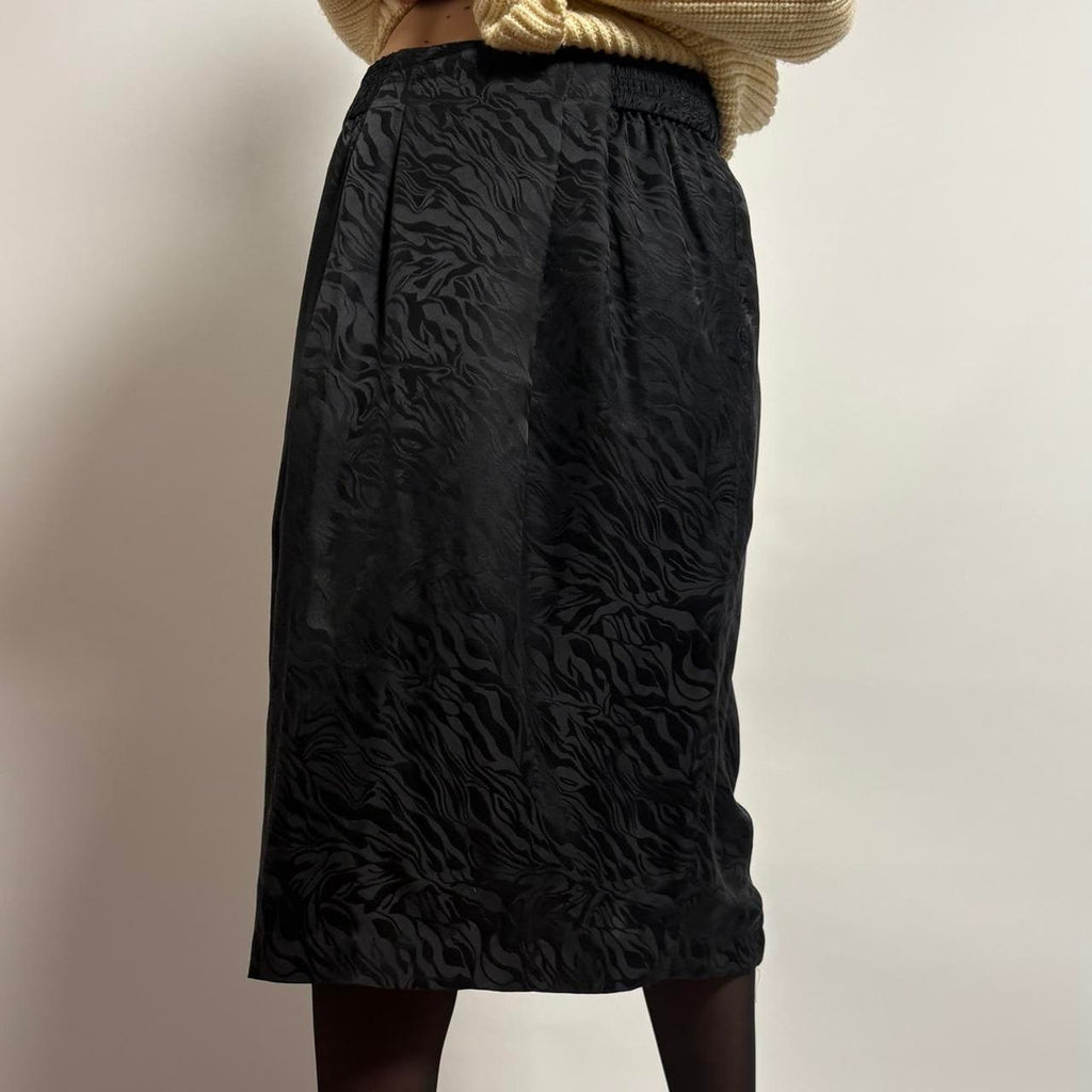 Vintage Silk Black Midi Skirt - small
