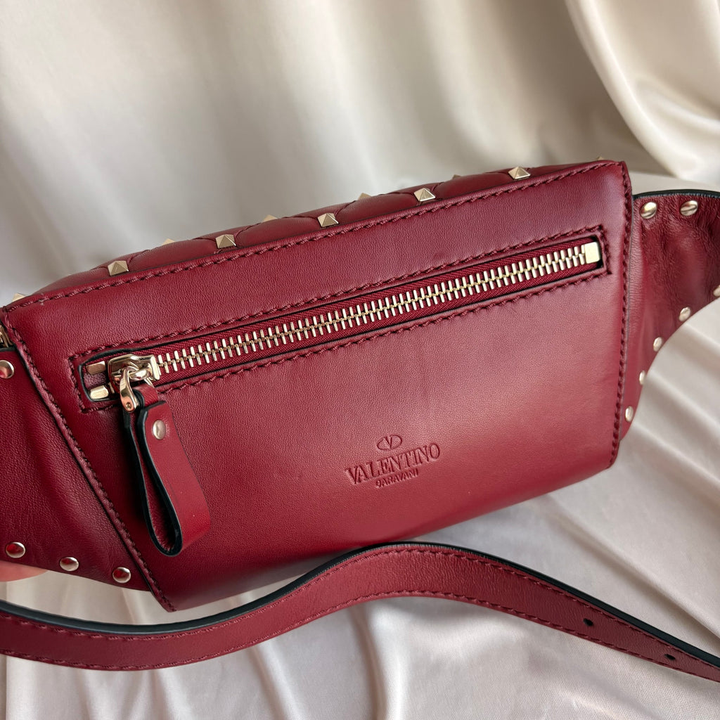Valentino Rockstud Red Leather Belt Bag - Gold Studs