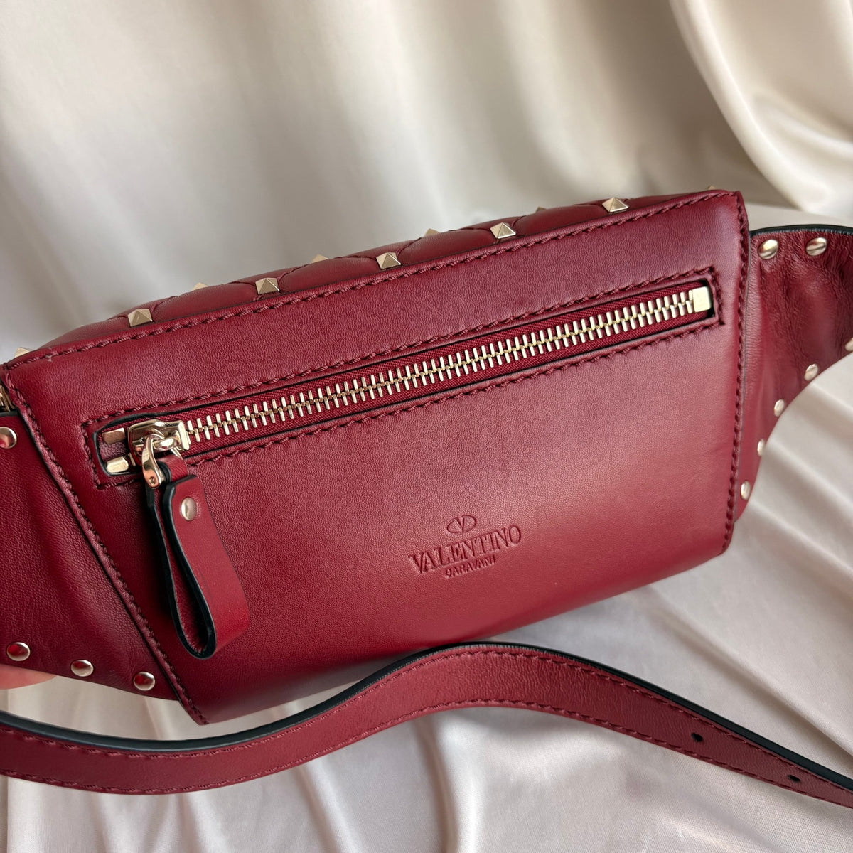 Valentino Rockstud Red Leather Belt Bag - Gold Studs