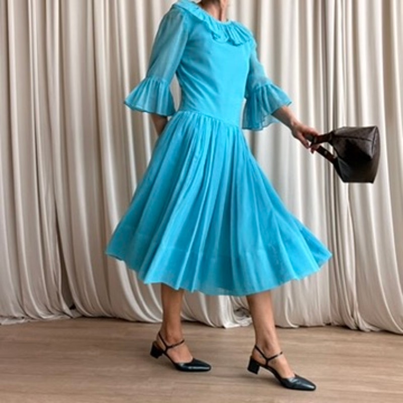 Ollie Wright 60s Turquoise Drop-Waist Midi - Sheer Chiffon, Handmade, Fits Small
