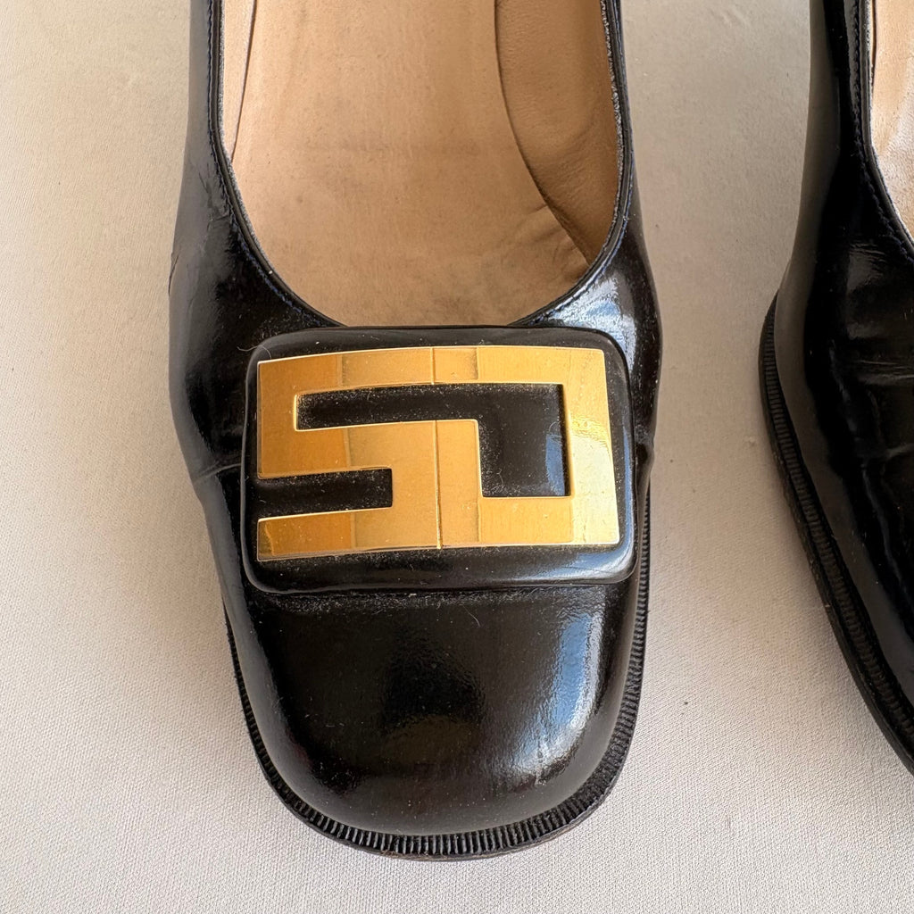 Vintage 90s Black Patent Leather Round Toe Loafers - Gold Hardware, Block Heel
