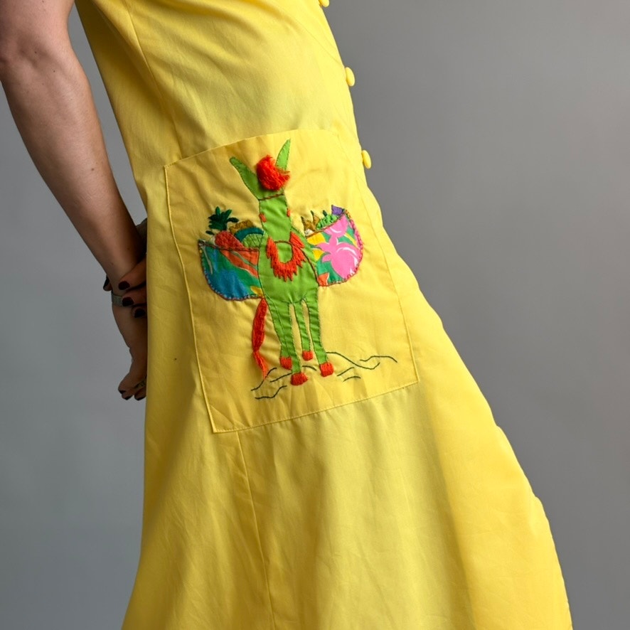 Jamaica Dowry Vintage 70s Yellow Maxi Dress - Hand Embroidered Donkey - Small