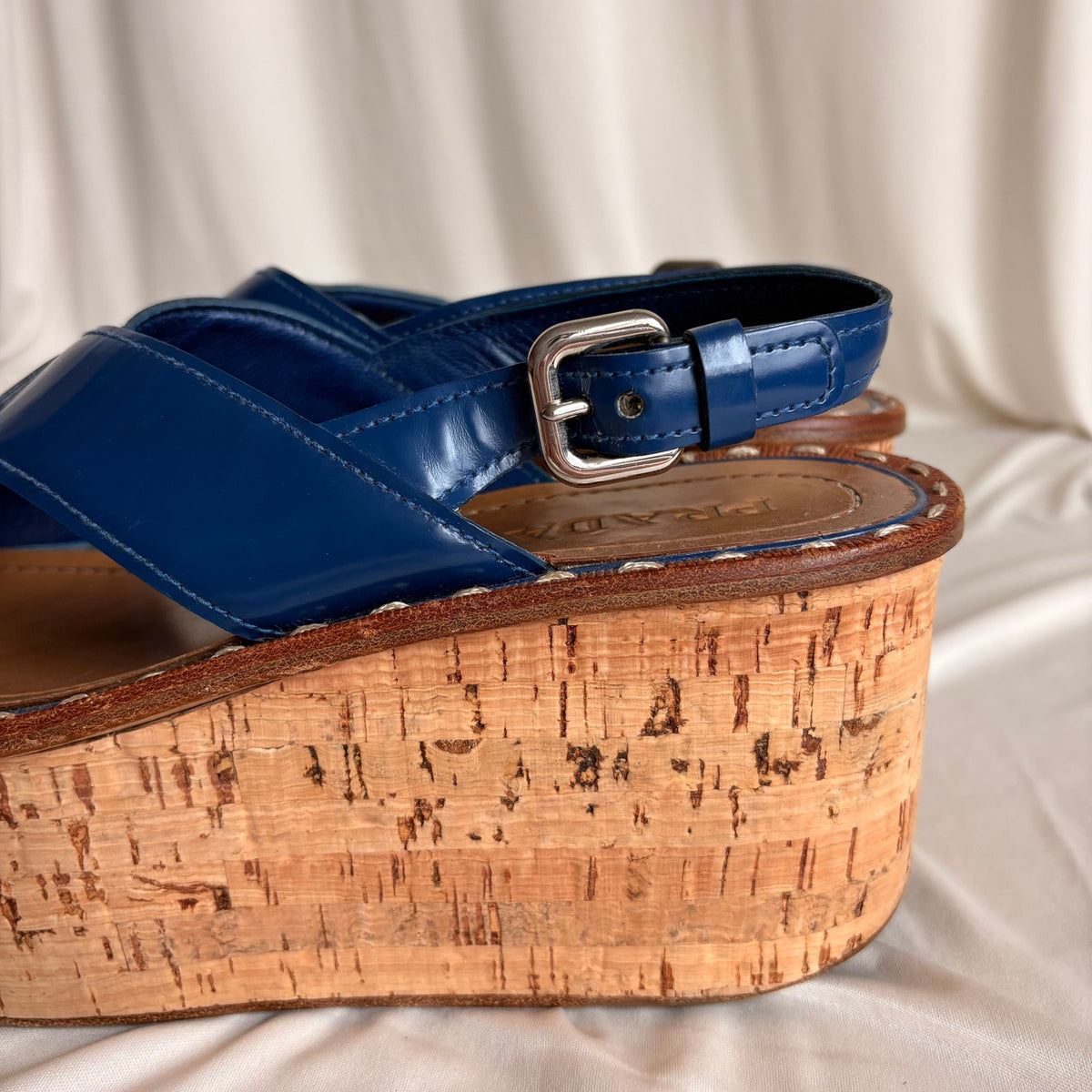 Prada Crisscross Blue Leather Wedge Sandals - EU 38 / US 7