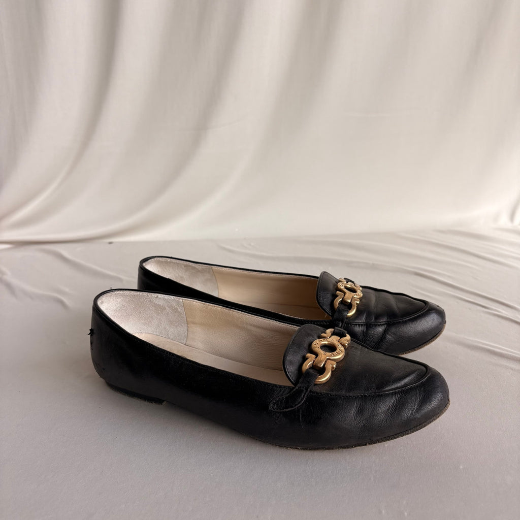 Vintage Joan & David Black Leather Loafers - Gold Gancini Hardware, Square Toe