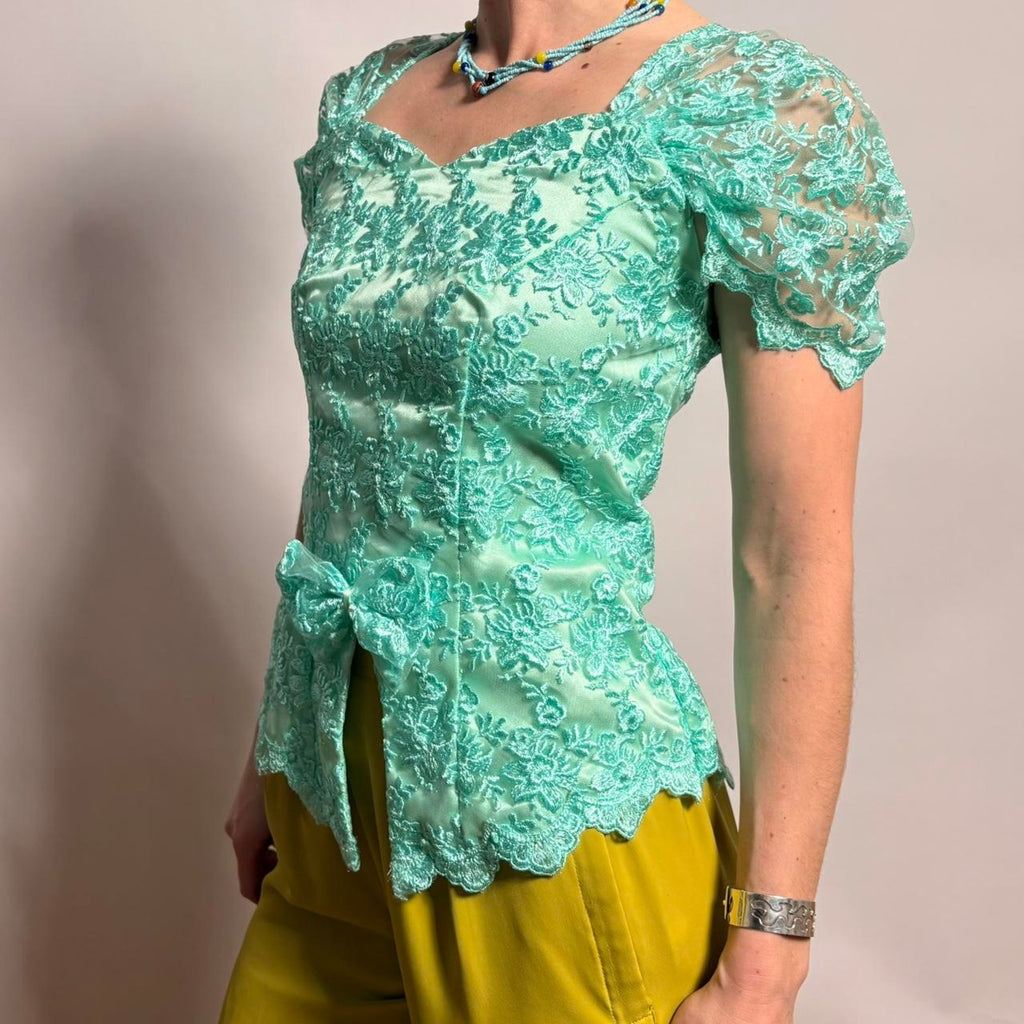 Vintage  Teal Lacy Cap Sleeve Blouse - Asymmetrical Hem- Small