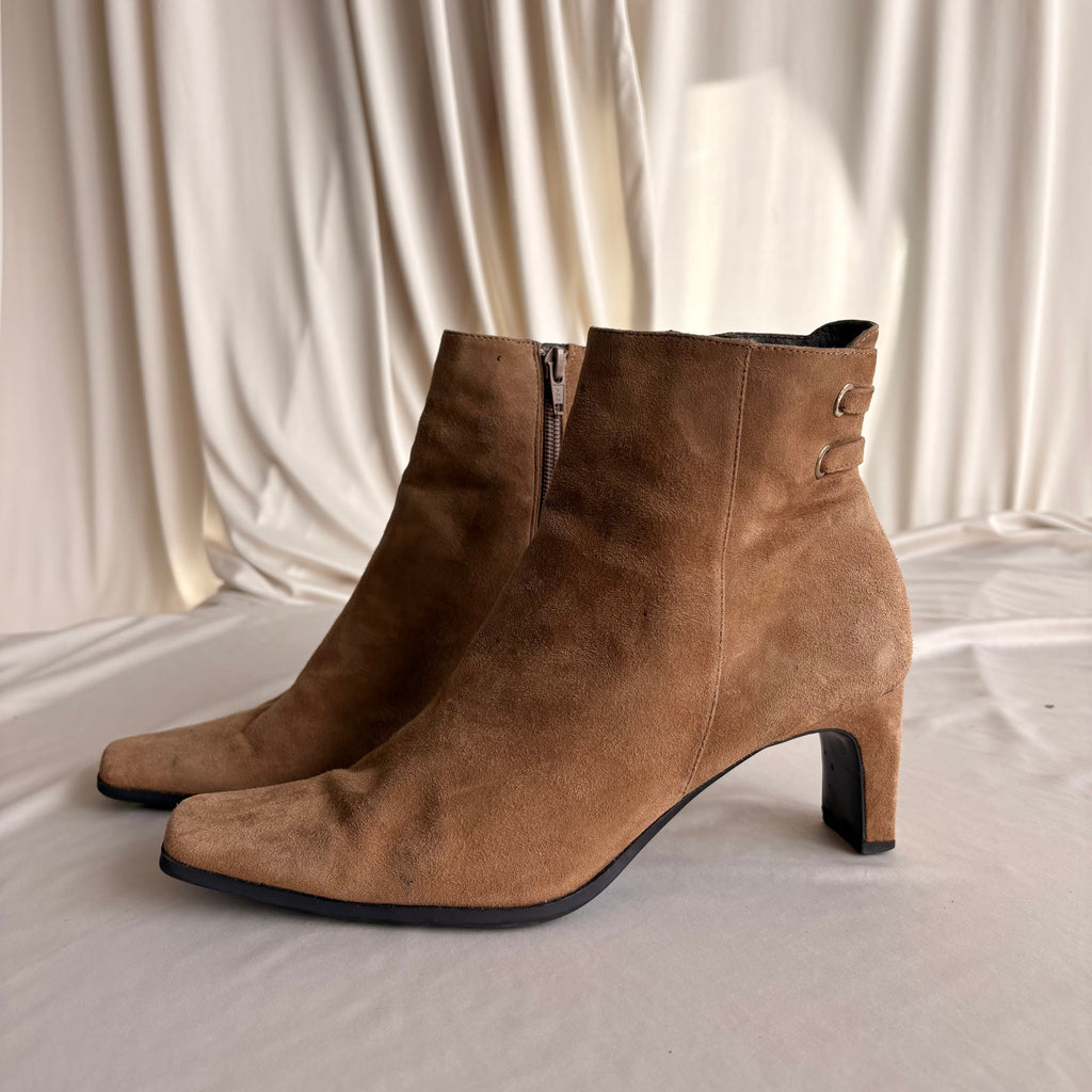 Bandolino Tan Suede Ankle Boots - Pointed Square Toe, Block Heel, 7.5
