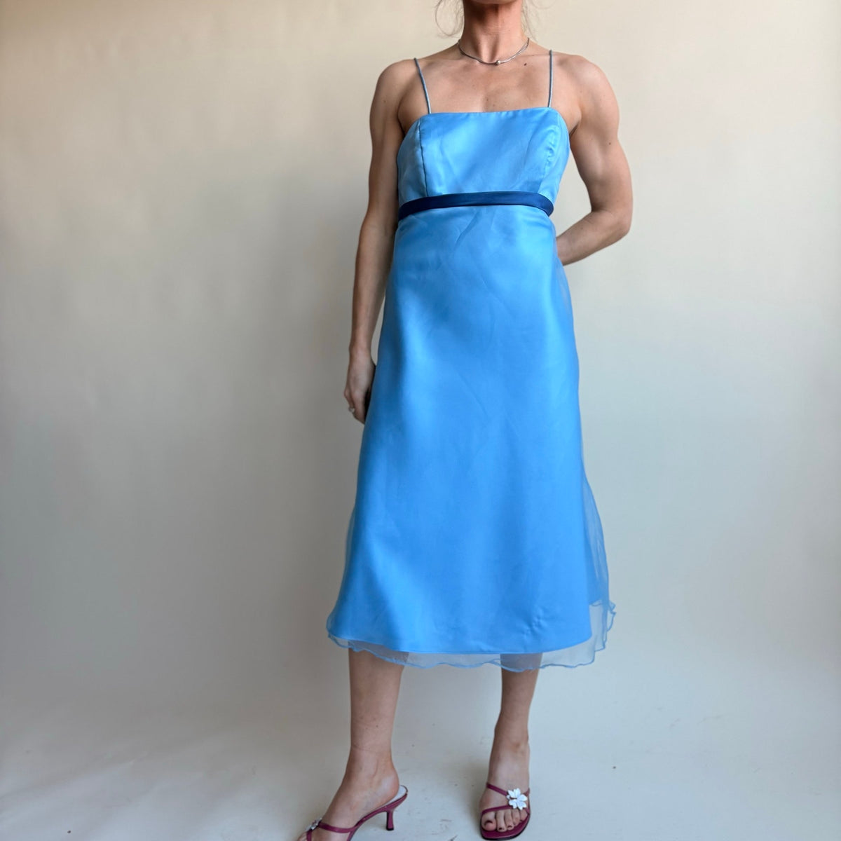 Alfred Angelo Baby Blue Y2K Midi Dress - Square Neck, Ribbon Waist, Size 6