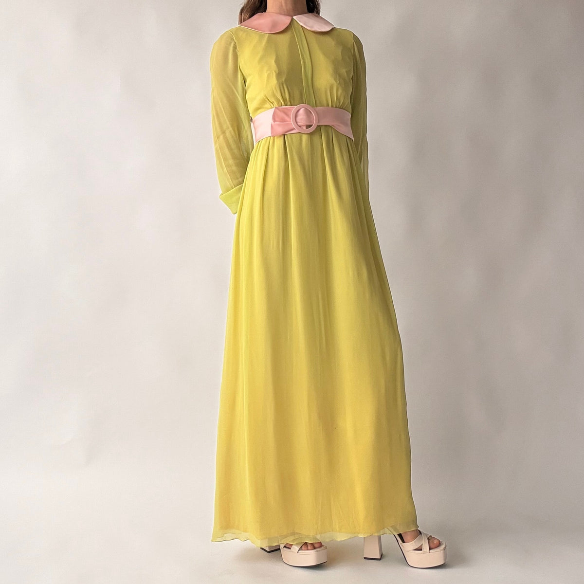 Vintage 60s/70s Chartreuse Peter Pan Collar Maxi Dress w/ Belt