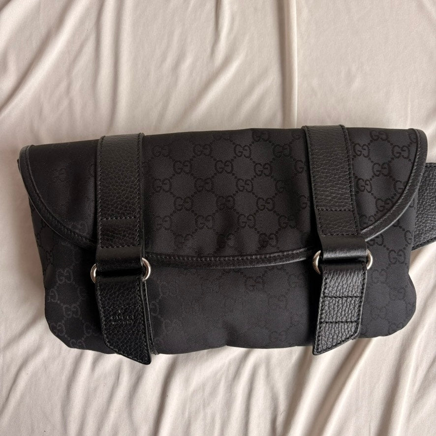 Gucci Messenger Bag Black GG Monogram Nylon, Leather Trim