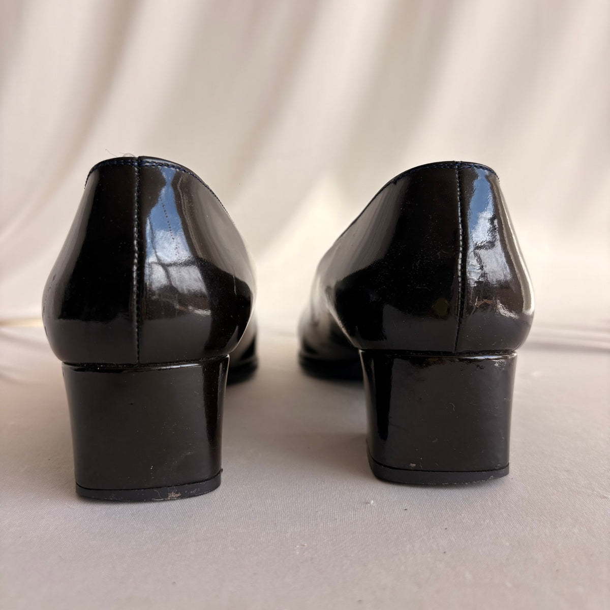 Vintage 90s Black Patent Leather Round Toe Loafers - Gold Hardware, Block Heel