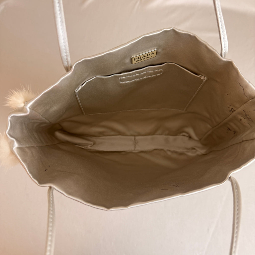 Vintage Prada Raso Cream Satin & Silk Tote - Mink Fur Trim