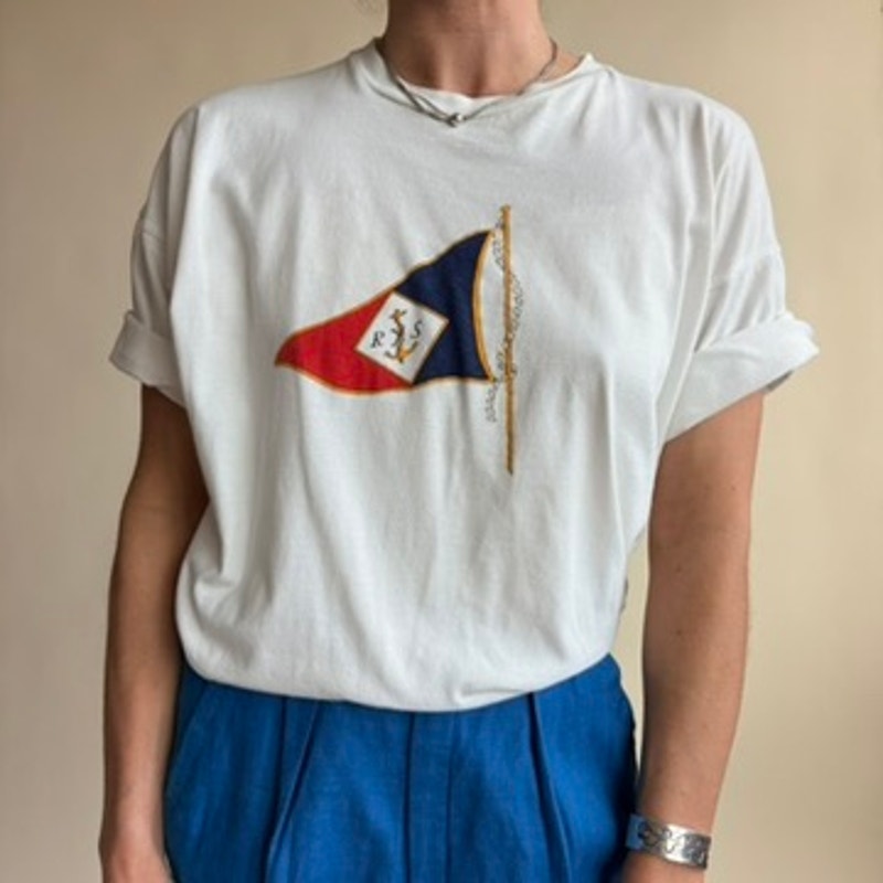 J.McLaughlin Nautical Flag T-Shirt - White, 100% Cotton, Made in Italy, (Fits Medium)