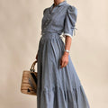 70's Wendy One Gingham Prairie Dress - Blue & White, Basque Waist, Size Small
