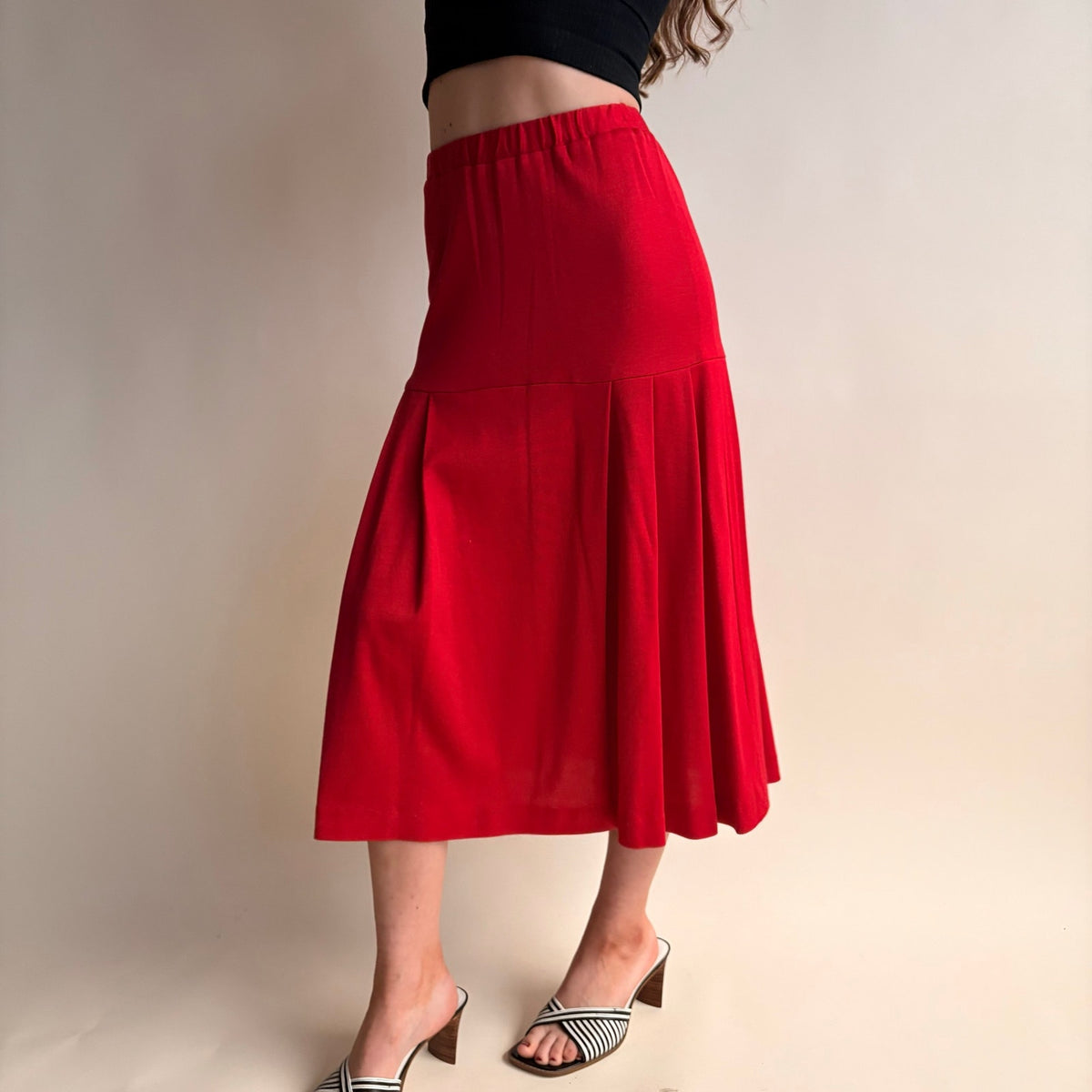 Cherry Red Drop Waist Pleated Midi Skirt - Elastic Waist, Size Small