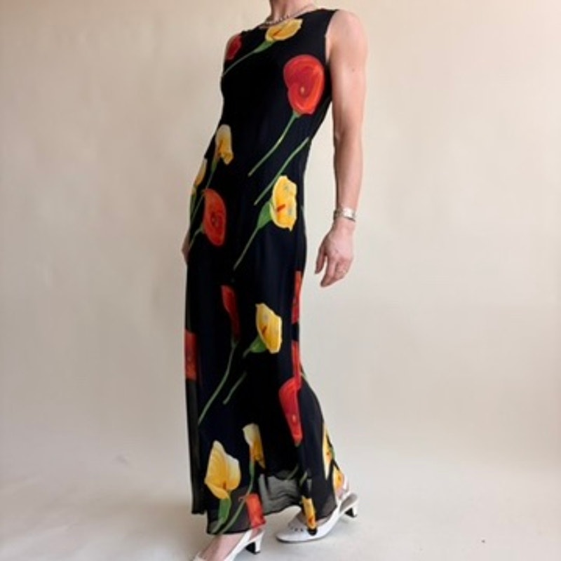 Tessuto Black Calla Lily Maxi Dress - Yellow & Red Flowers- 90s Vintage, Size XS