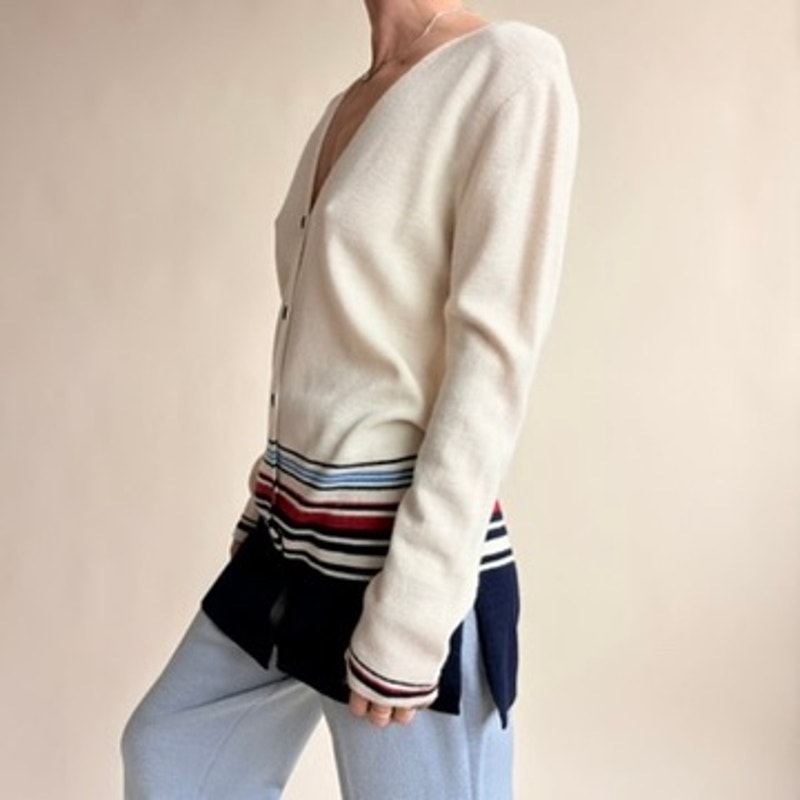 Jones & Co. Nautical Striped Cardigan - Merino Wool, Cream/Blue/Red, Y2K, Size Small