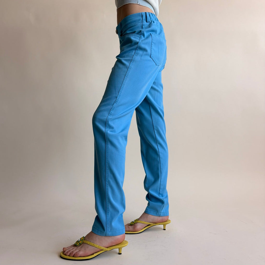 Iman Azure Blue Stretch Trousers - Slim Fit, Size Small