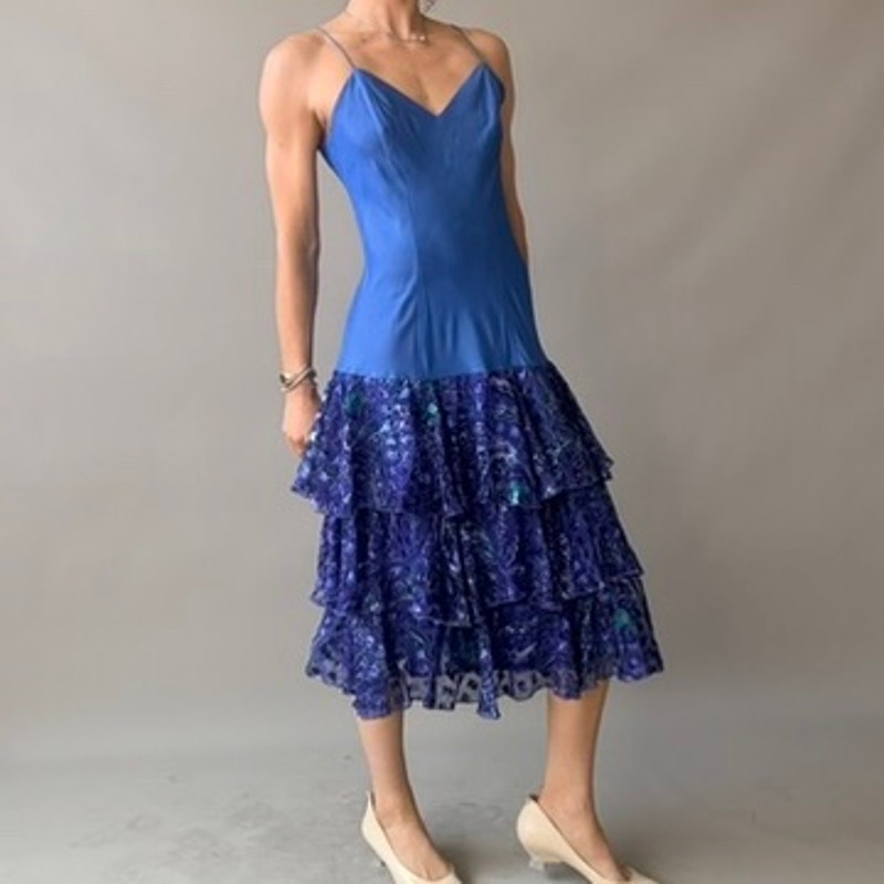 Ann Hobbs for Cattiva Blue Silk Drop-Waist Dress - Peacock Ruffle Tiered Skirt