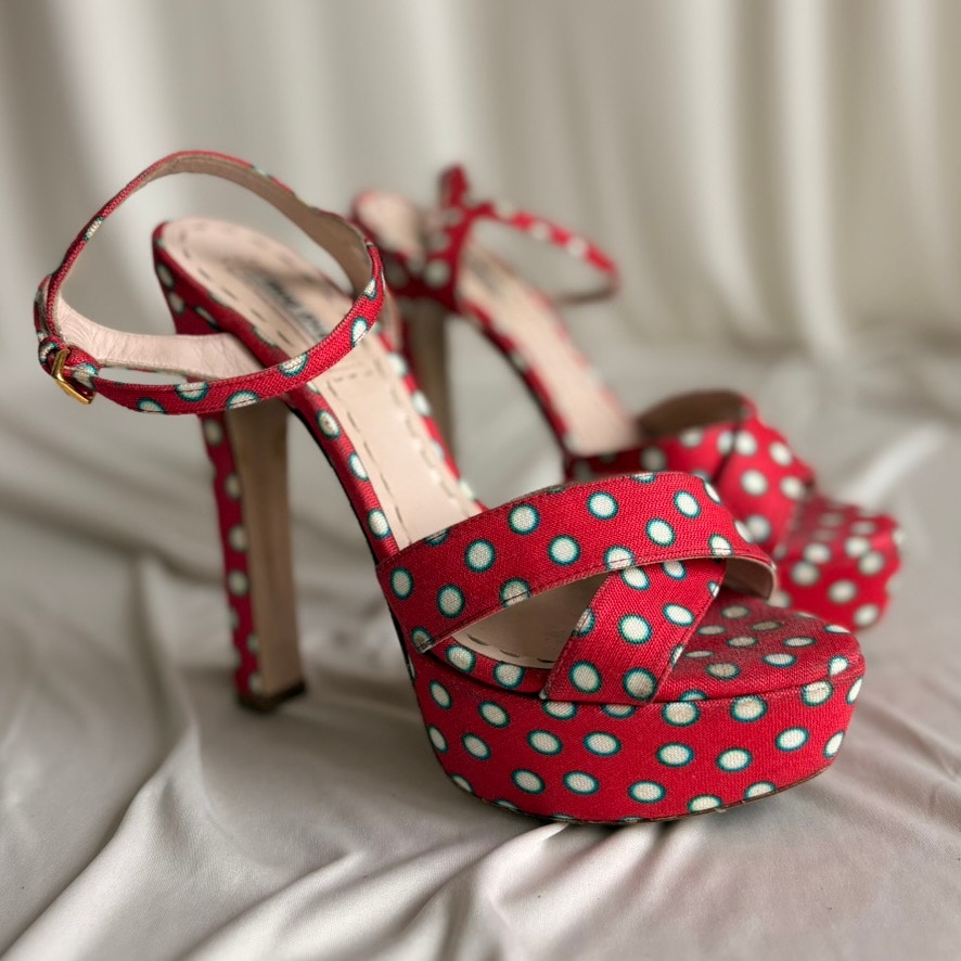 Miu Miu Polka-Dot Canvas Platform Sandals - 2010 SS Collection, EU 37/US 7