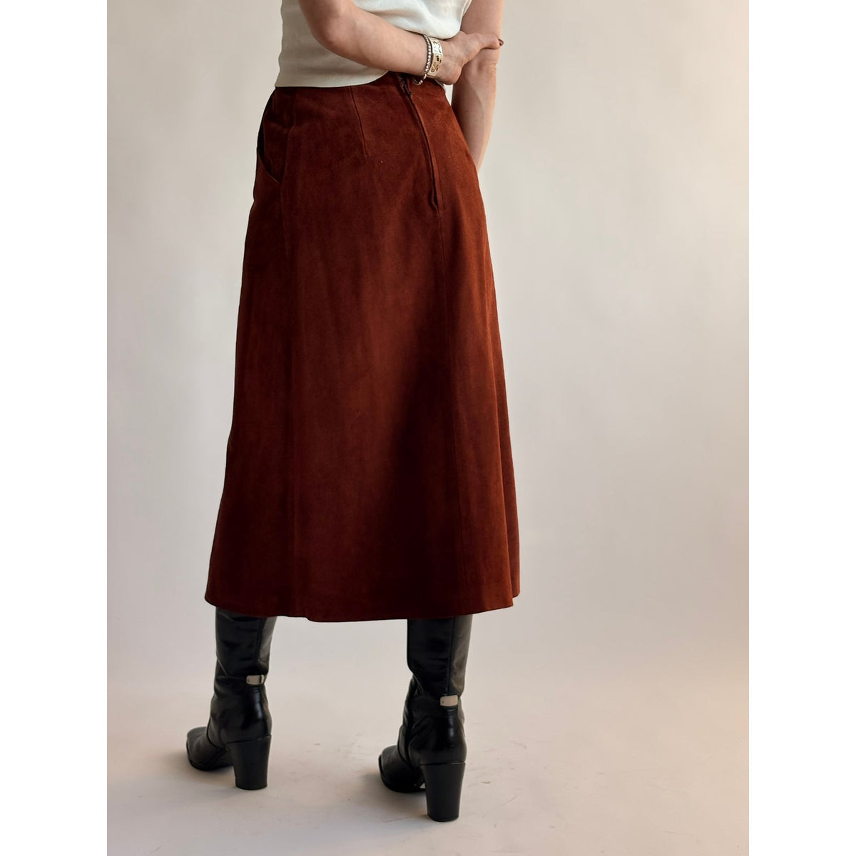 Vintage Burnt Orange Genuine Suede Midi Skirt