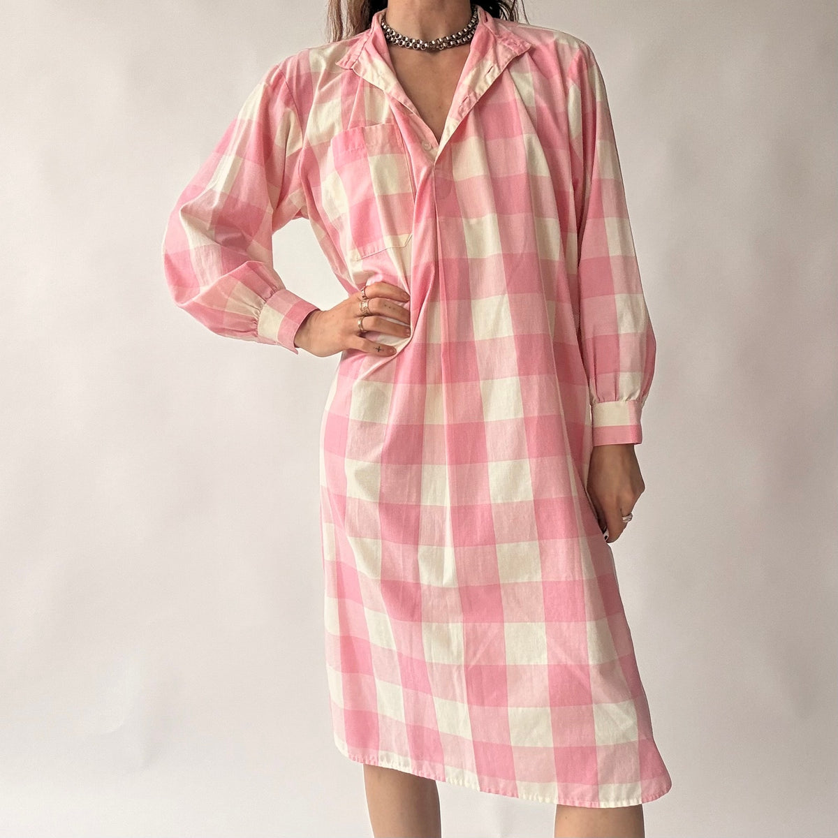 Vintage Michele Small Pink Buffalo Check Shirtdress w/ Pocket - Small