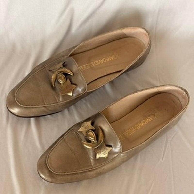 John David Metallic Gold Loafers - Moon & Star Hardware, Size 7.5, Italy