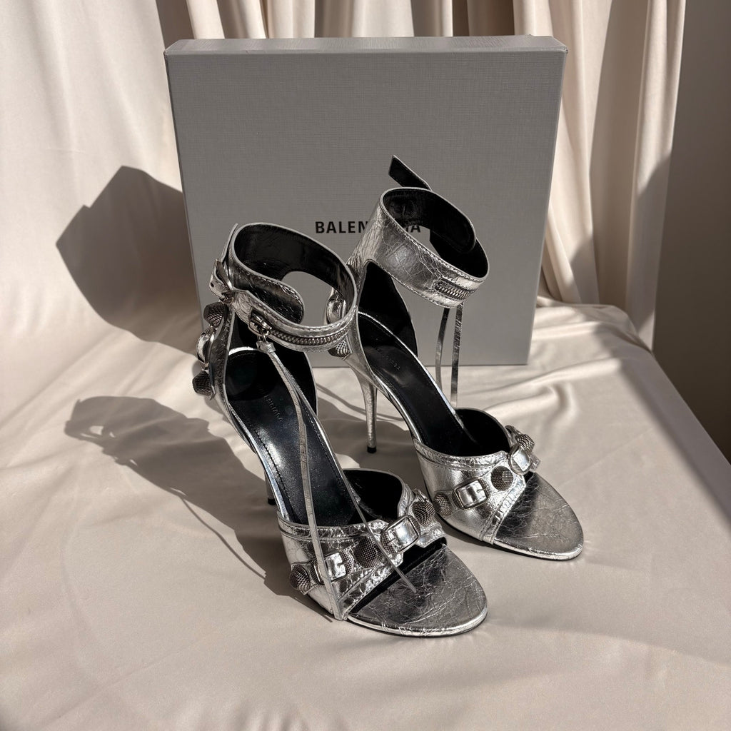 Balenciaga Silver Metallic Leather Cagole Studded Heels