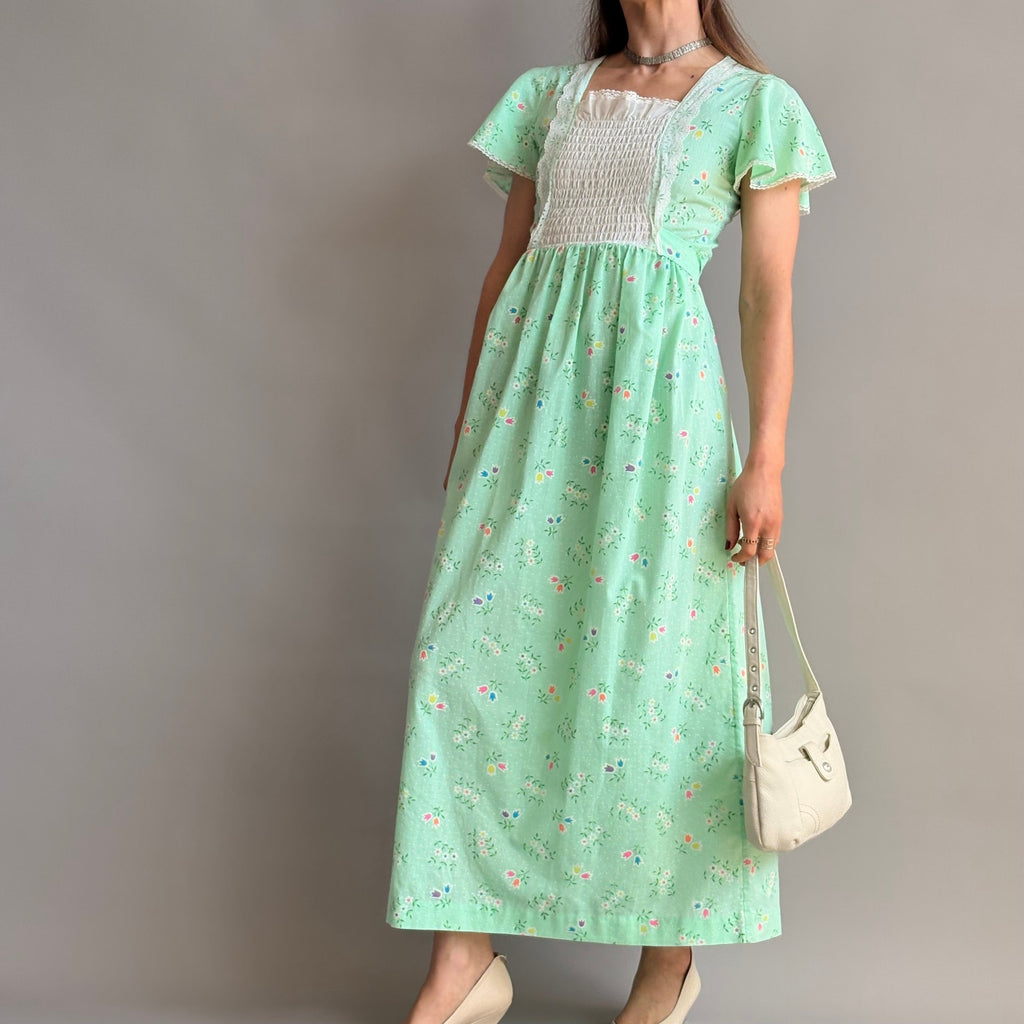 Vintage 70s Sears Growing Girl  Green Floral Prairie Dress - Small
