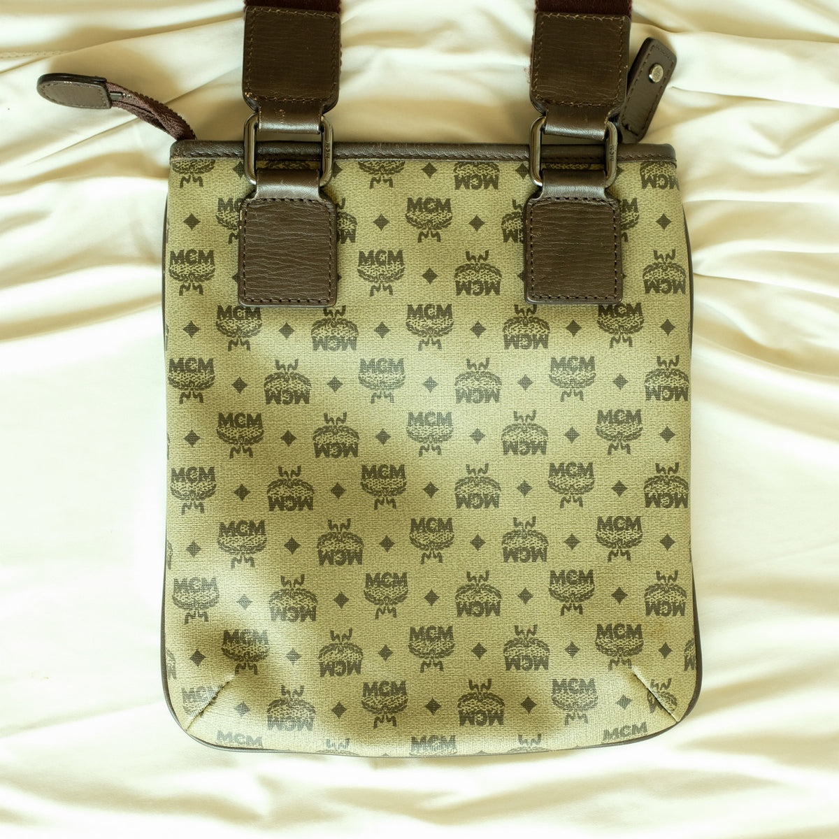 MCM Messenger Bag - Brown Monogram, Leather Trim, Silver Hardware