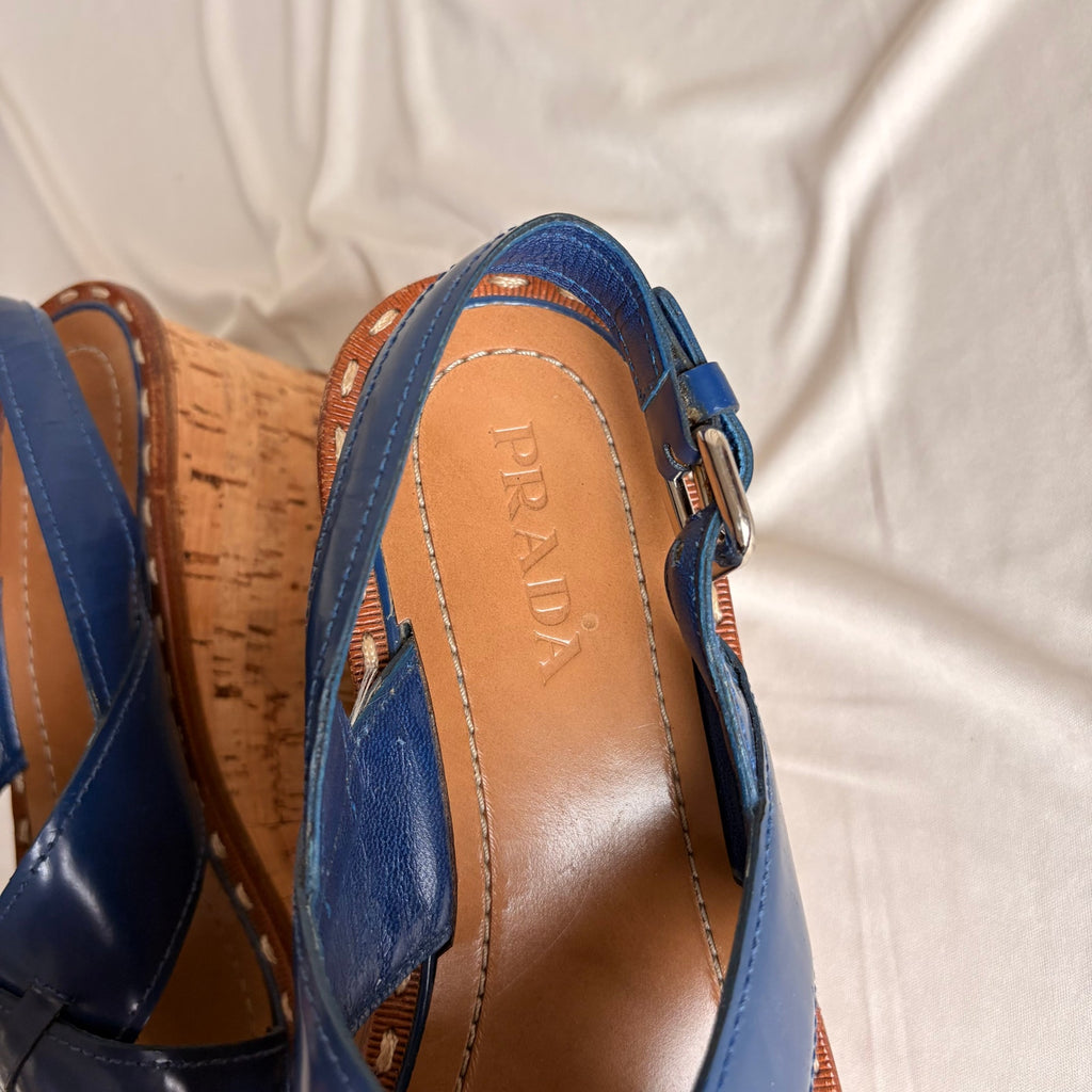 Prada Crisscross Blue Leather Wedge Sandals - EU 38 / US 7