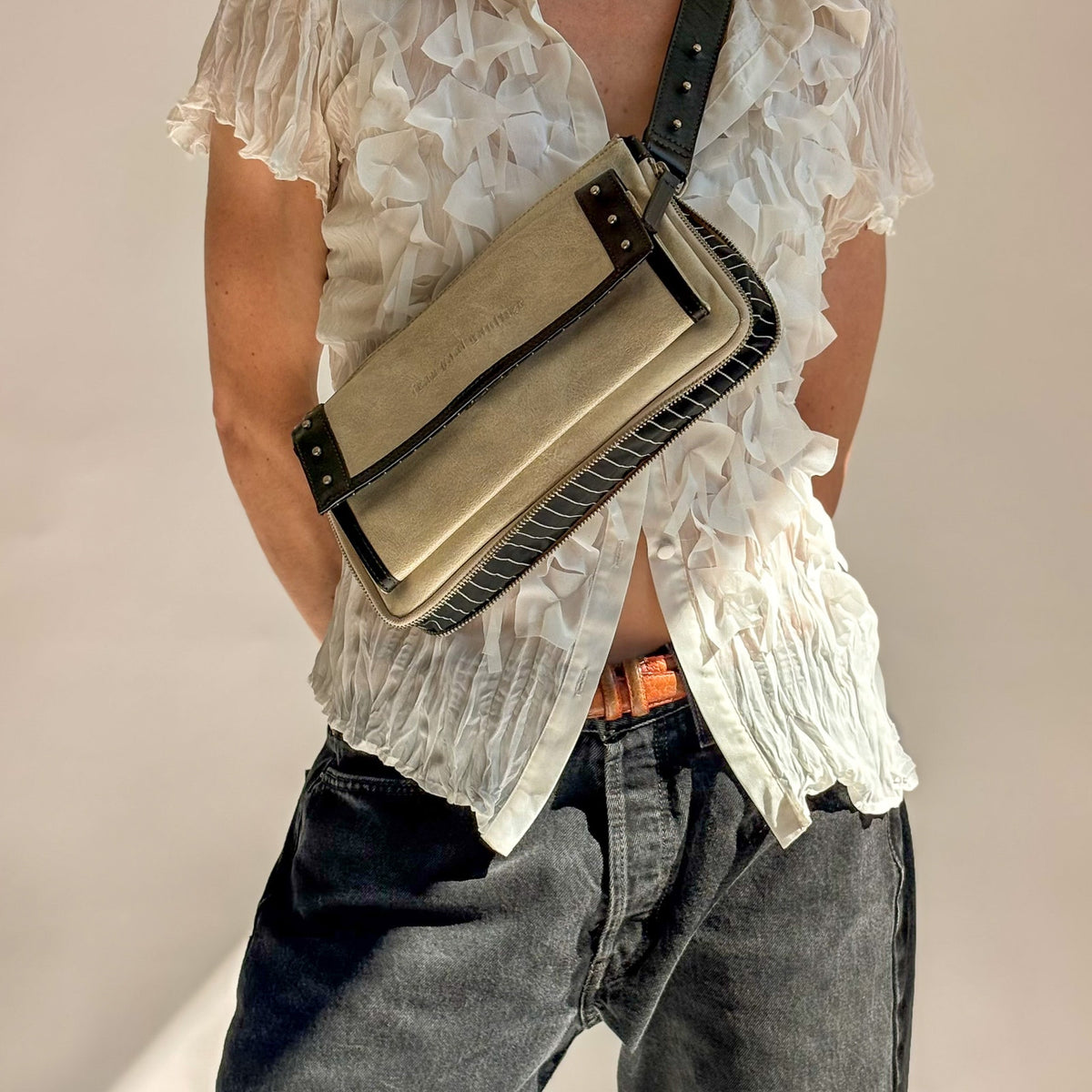 Vintage Jean Paul Gaultier Cream & Black Studded Belted Crossbody Bag