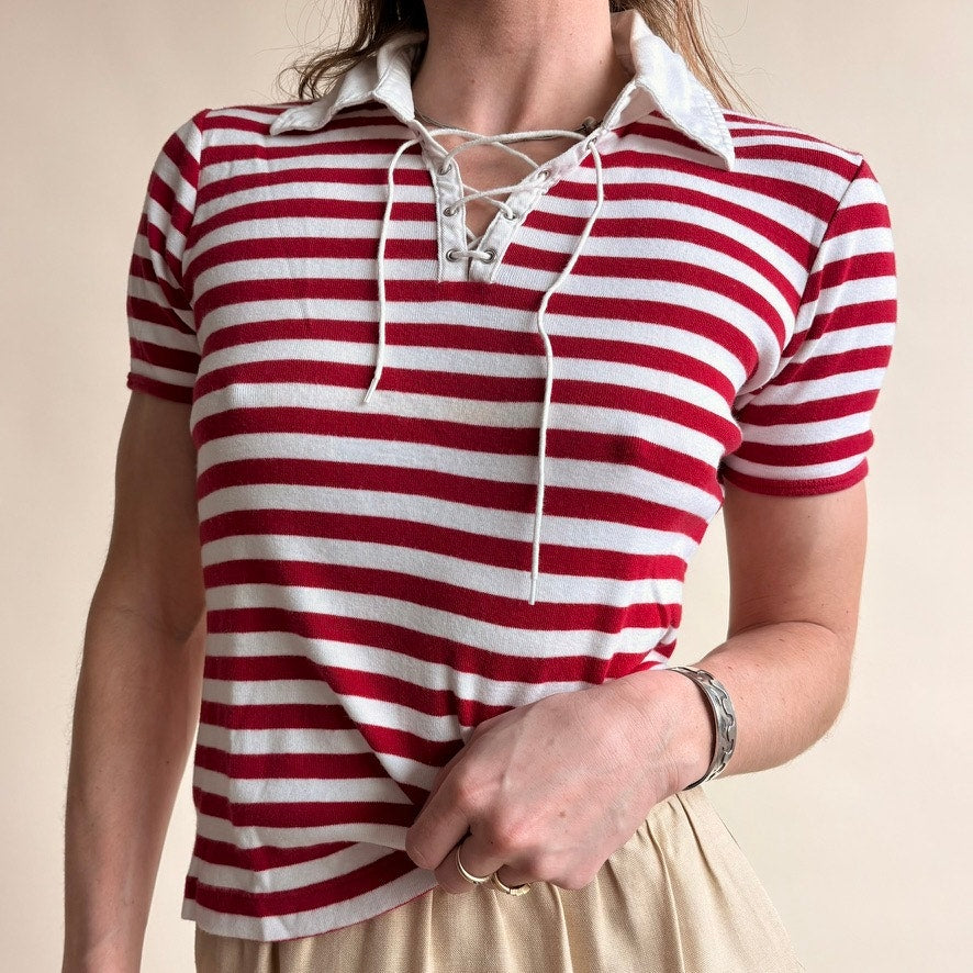 Rafaella Striped Polo Shirt - Red/White, Lace-Up Neckline,  Size Small