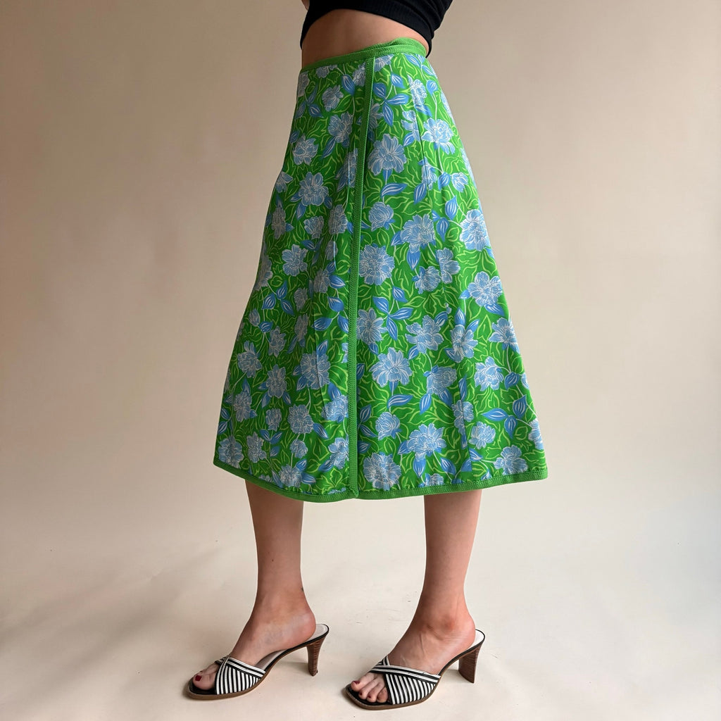 1970s Reversible Floral Wrap Skirt - Green or Baby Blue, One Size