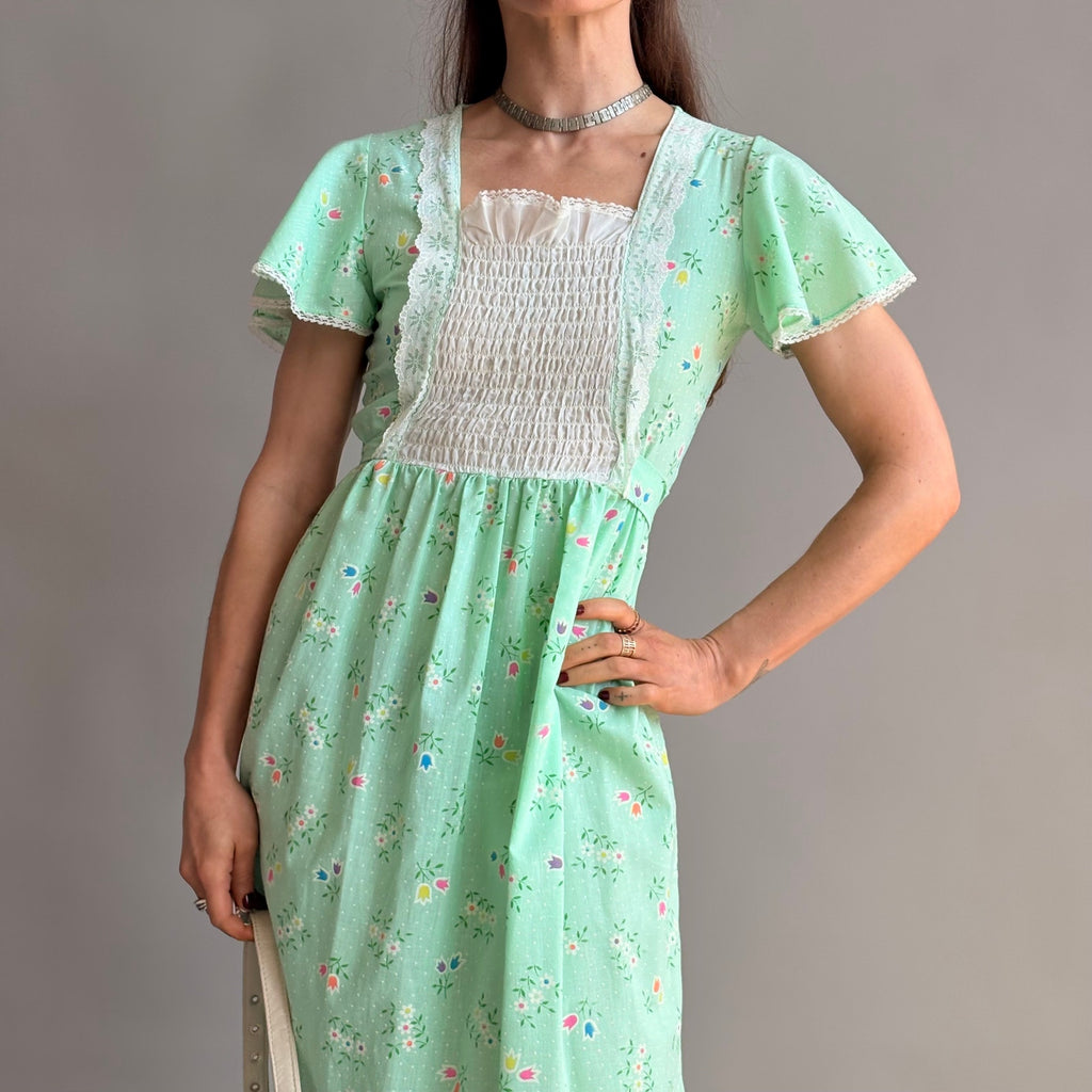 Vintage 70s Sears Growing Girl  Green Floral Prairie Dress - Small