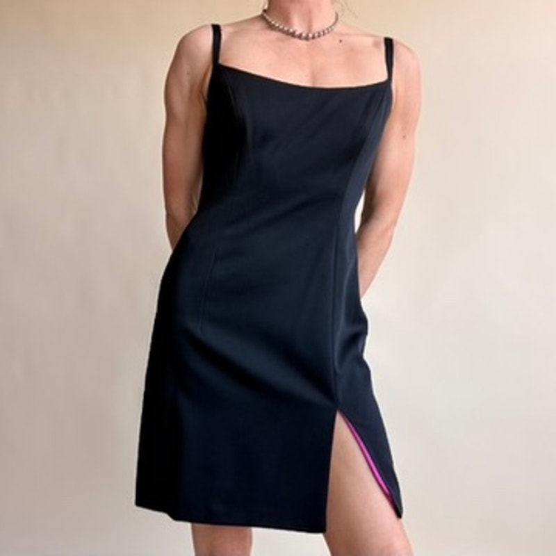 Laundry by Shelli Segal Black Satin Dress - Hot Pink Lining - 90s Vintage, Size 4